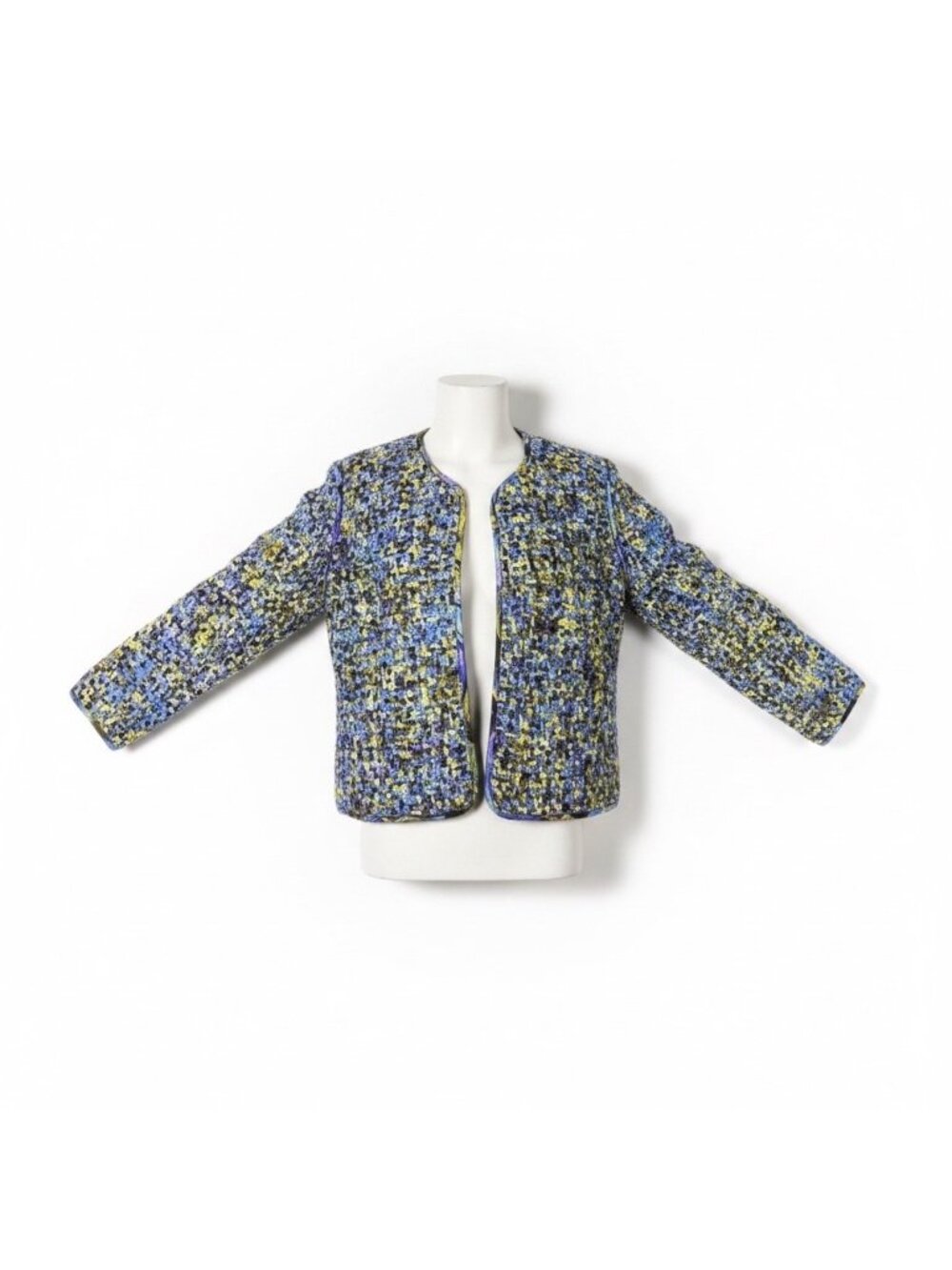 Chicos Design Womens Blue Yellow Multicolor 100% Silk Open Front Jacket Size 2